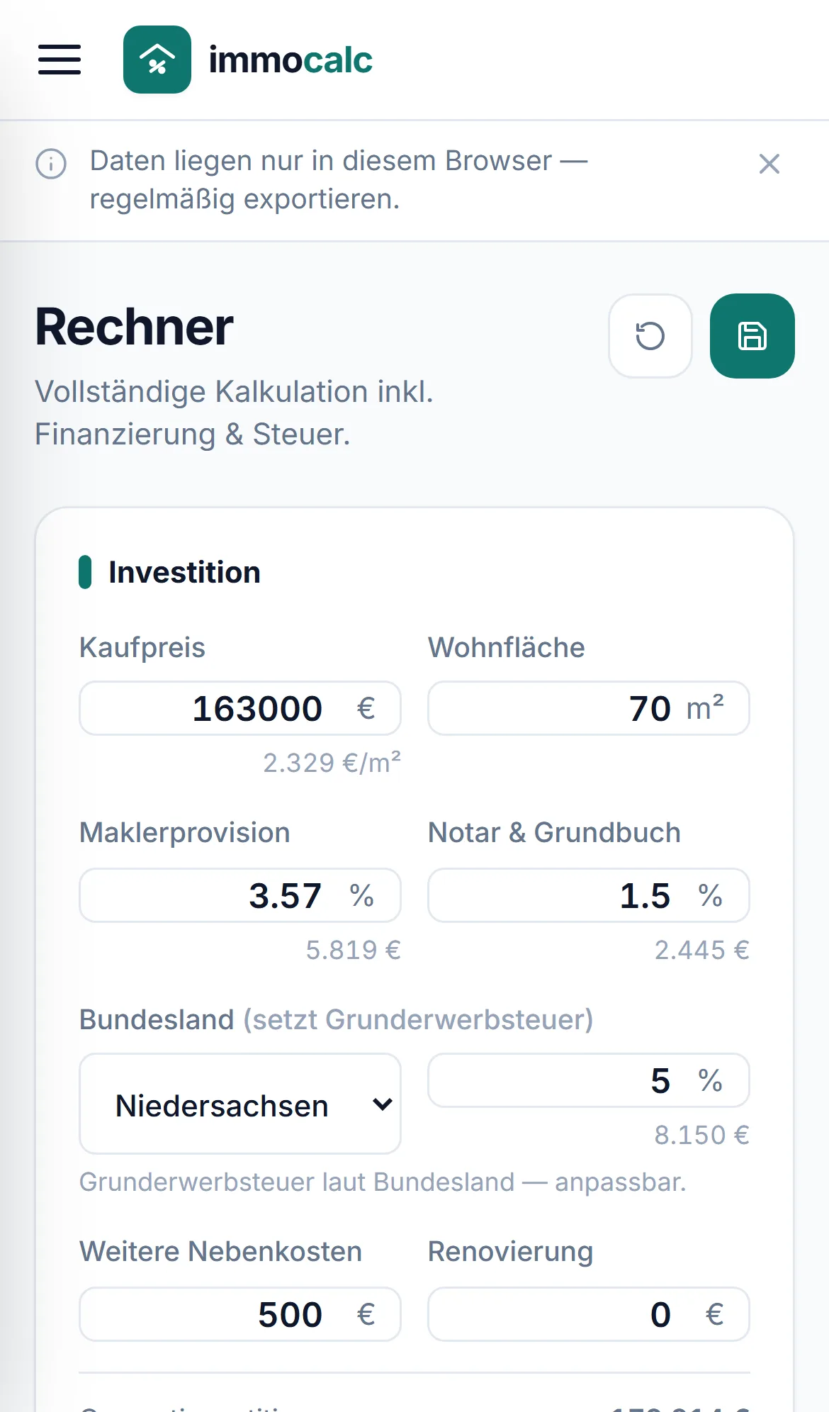 immo-calculator, Rechner mit Ergebnis