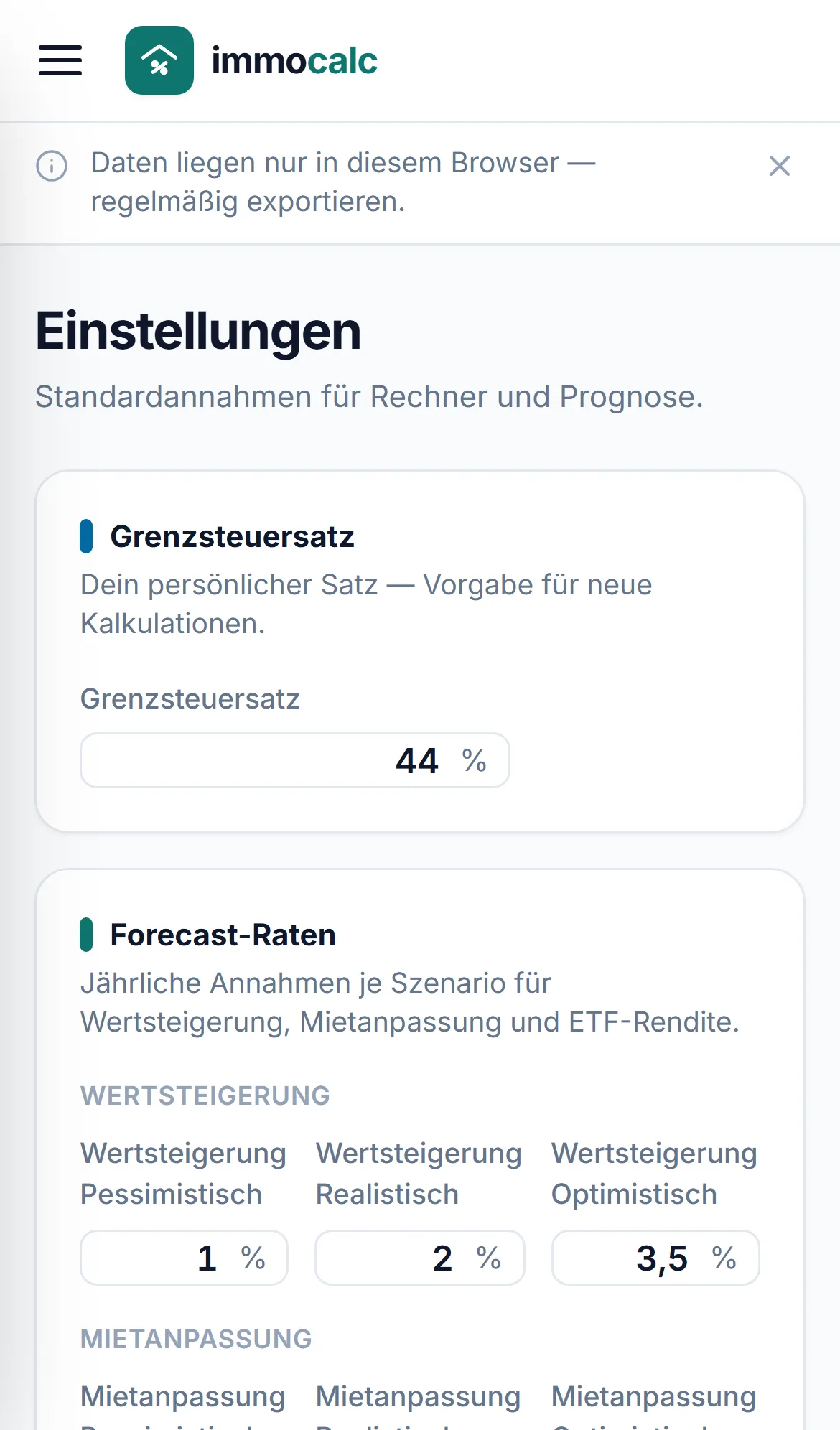 immo-calculator, Annahmen & Forecast-Szenarien
